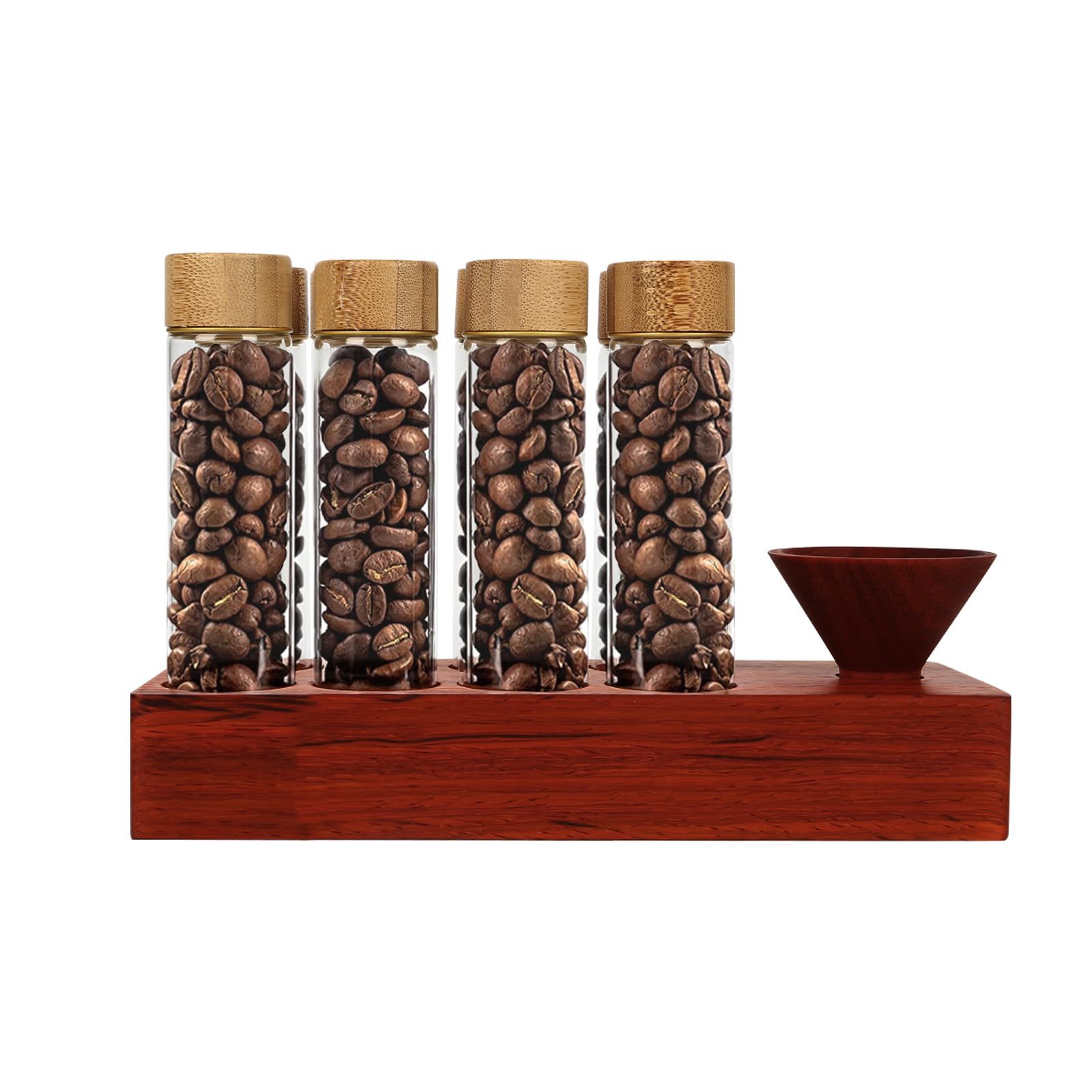 AQQHSAIN 9 Pcs Glass Coffee Beans Storage Containers, Single Dose Coffee Bean Cellar Tube Coffee Bean Cellars with Wooden Holder Stand Dosing Glass Vials With Lids