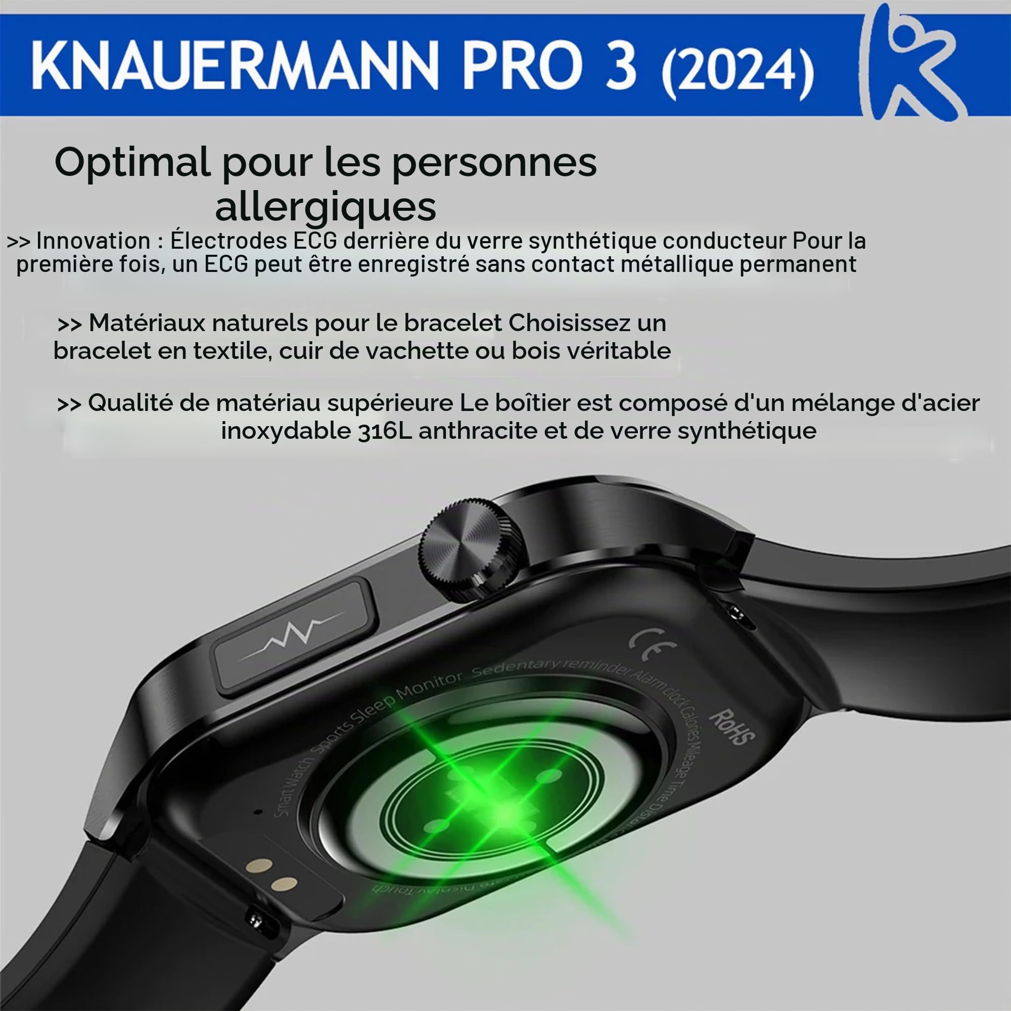 Knauermann Pro 3 (2024) Noir - Montre sanitaire Smartwatch avec Fonction téléphonique - Capteurs OSRAM - Fonction ECG + HRV - BT Bluetooth - Apnée du Sommeil - Pression artérielle - Bracelet en