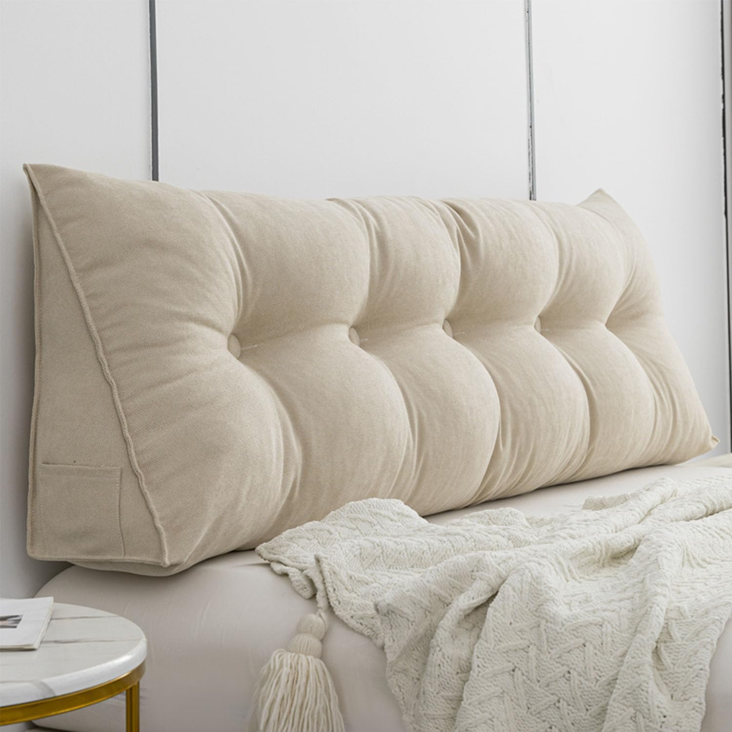 Triangle Reading Bed Pillow Queen Size Cushion Headboard Backrest Wedge Pillow for Neck and Lumbar Support for Sofa Bed Bunk Bed Dorm with Removable Cover (Color : Beige, Size : Queen/59 inches)