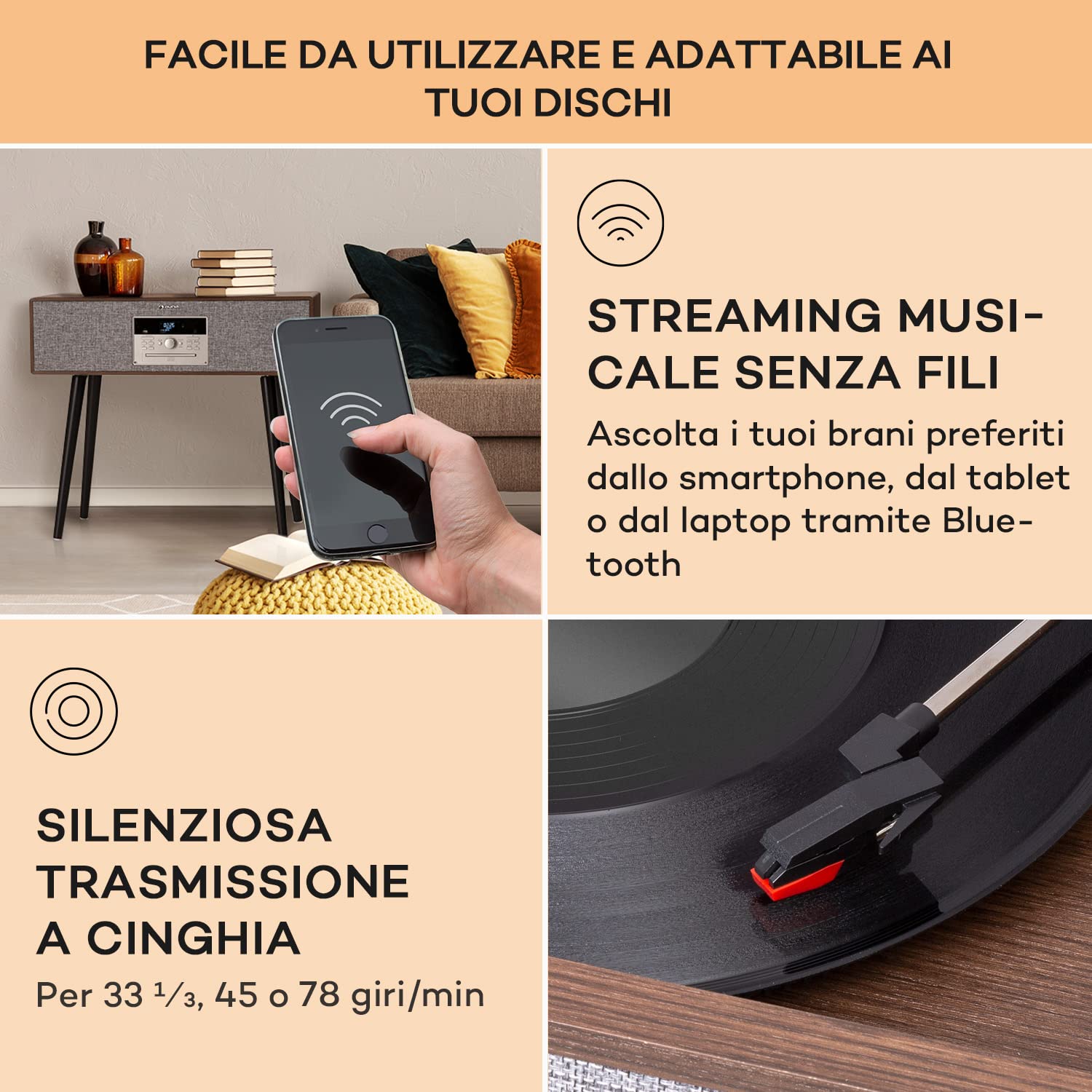 Auna Giradischi Bluetooth per Dischi in Vinile MP3, Lettore Vinile a 3 Velocità, Giradischi Vinili Vintage con Casse Stereo e Telecomando, Gira Dischi per Vinile CD USB con Piedi e Radio DAB+/FM