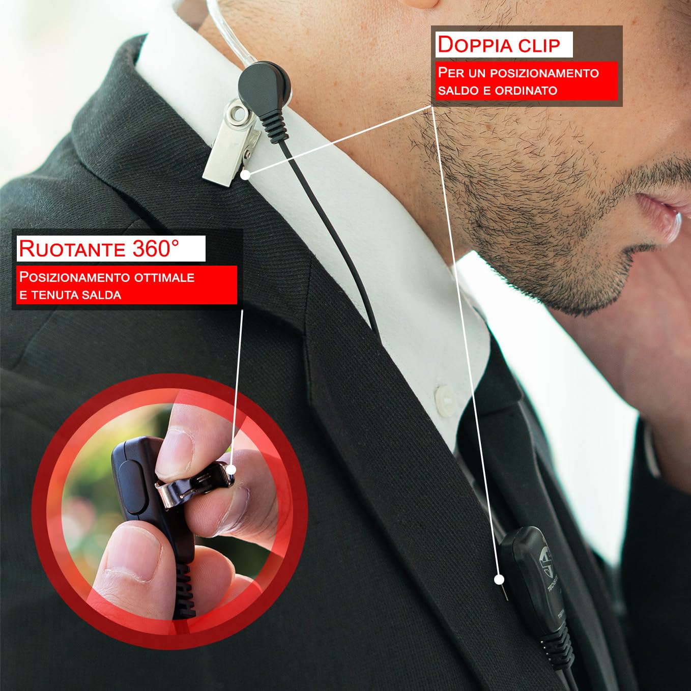 TechSide Microfono Auricolare Pneumatico Trasparente a 2 pin Midland | Per Radio ricetrasmittenti | Compatibile con G7 pro G8 G9 pro M24 M24 plus M48 M99 G6 XT G7 XTR | Vigilanza Sicurezza SoftAir