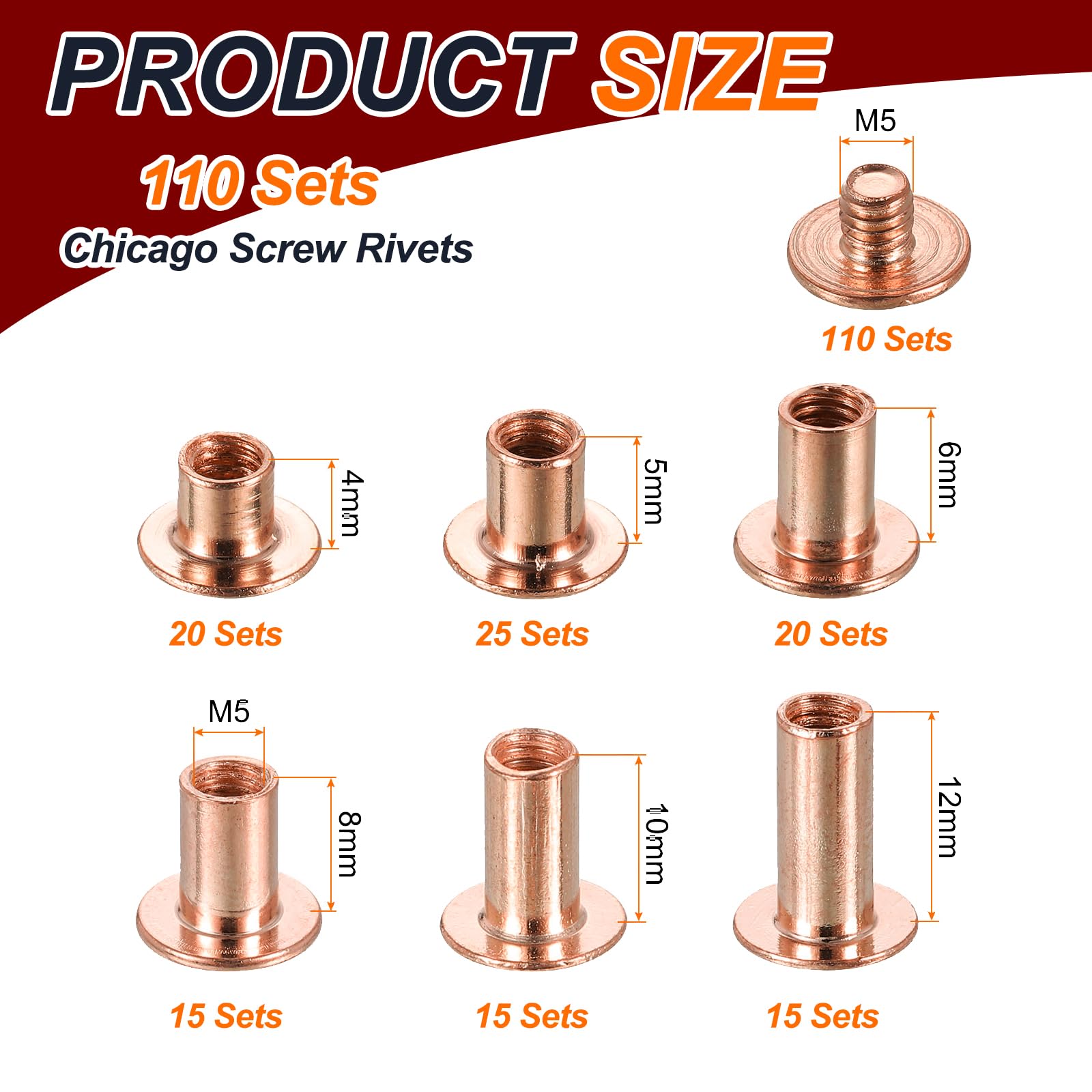 PATIKIL M5 Chicago Screw Rivets 110 Sets Metal Phillips Head Binding Screws Post Nail Rivet Stud Screw for Leather Jacket Belt Bag DIY Craft Bookbinding - Image 2