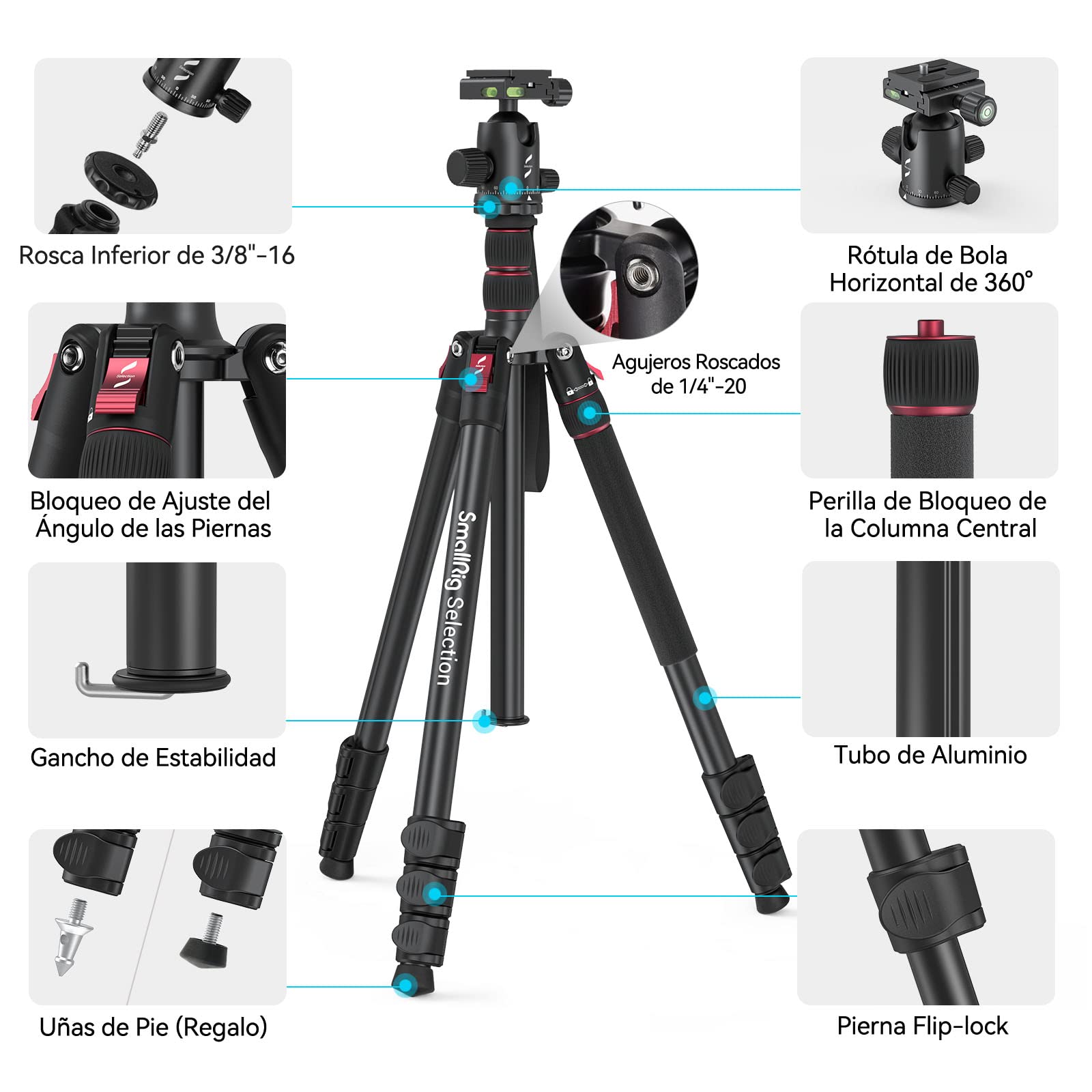 SMALLRIG Trípode Monopie para Cámara, 78.7" Plegable de Aluminio, Cabeza Esférica 360° Desmontable, Carga 33 LB - 3474C