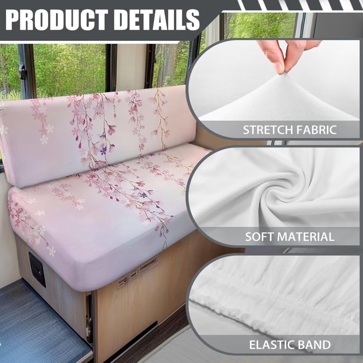 Rv Dinette Cushion Covers Set of 2 Floral Replacement Couch Cushion Slipcovers Travel Trailer Accessories Include 1 Bench Cover & 1 Backrest Cover for Home with Kids