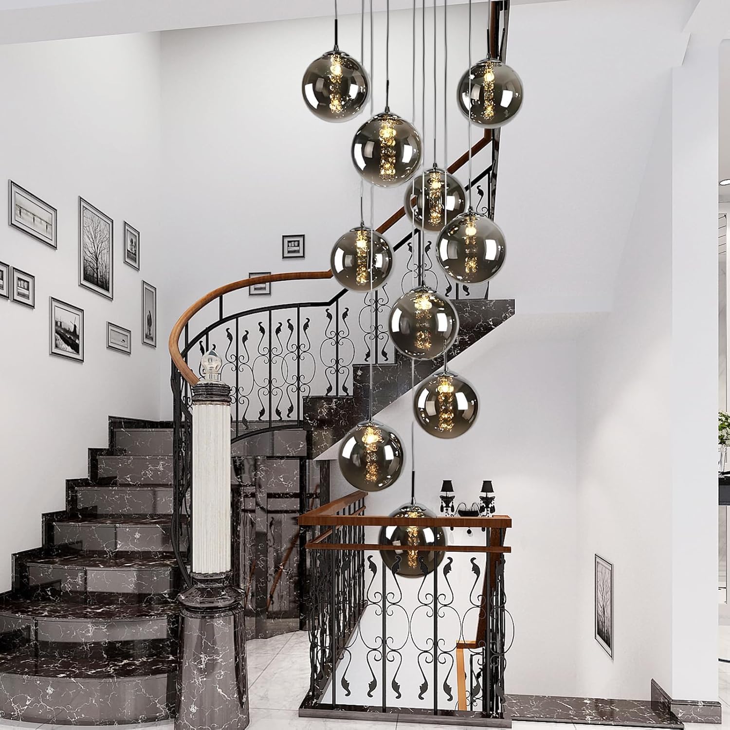 PCXEHUYP Modern 10-Light Glass Ball Chandelier for High Ceilings & Staircases - Stylish Pendant Light Fixture Foyer, Entryway, Living Room, Spiral Staircase (Grey)