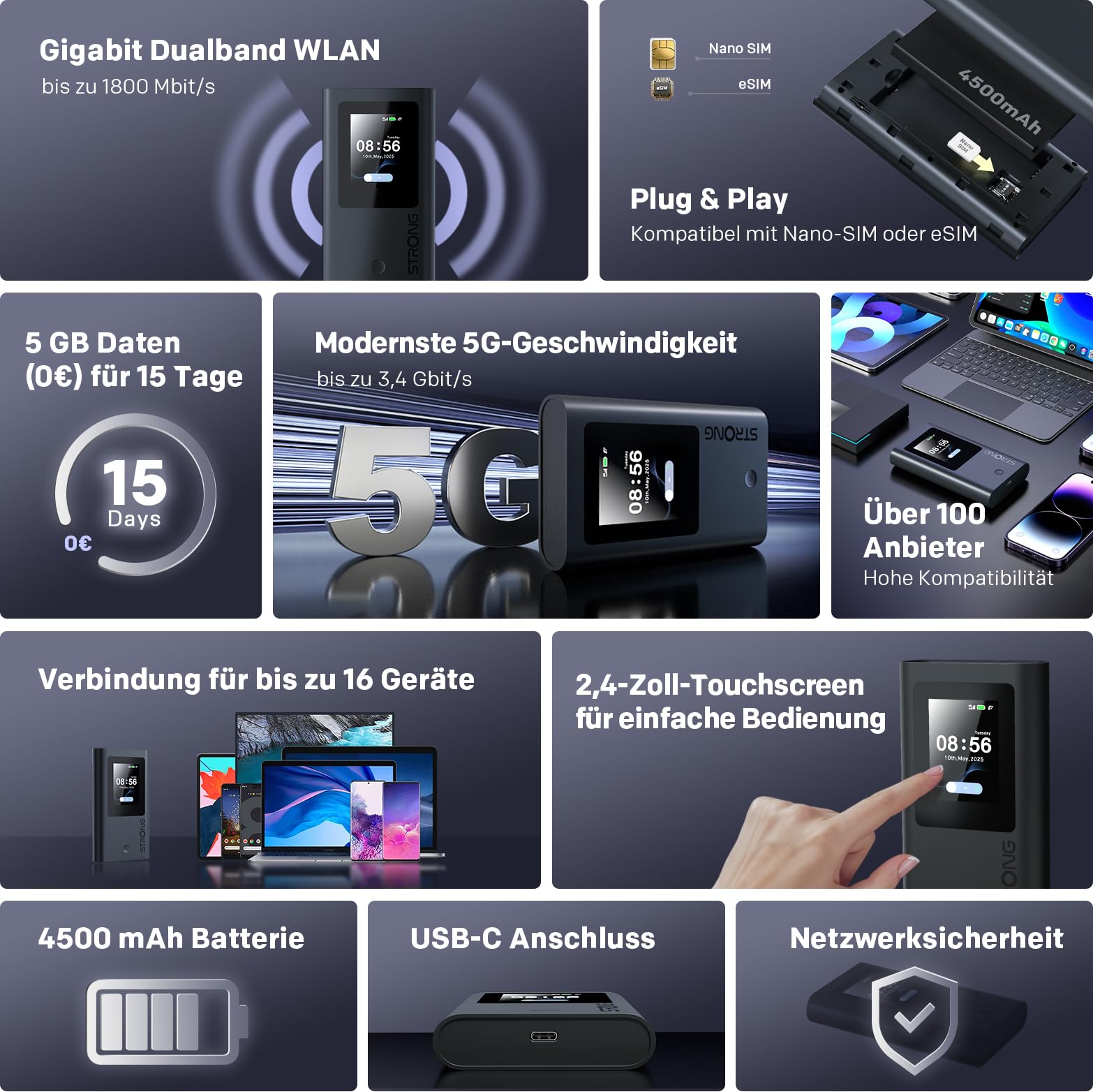 STRONG 5G+ HOPI Mobiler WLAN Router mit 5 GB Daten, Tragbarer Dual Band WLAN 6 AX1800 Router mit eSIM, bis zu 3,4 Gbit/s Downloadspeed, 4500 mAh Akku, USB C Port, Powerbank Funktion, Schwarz