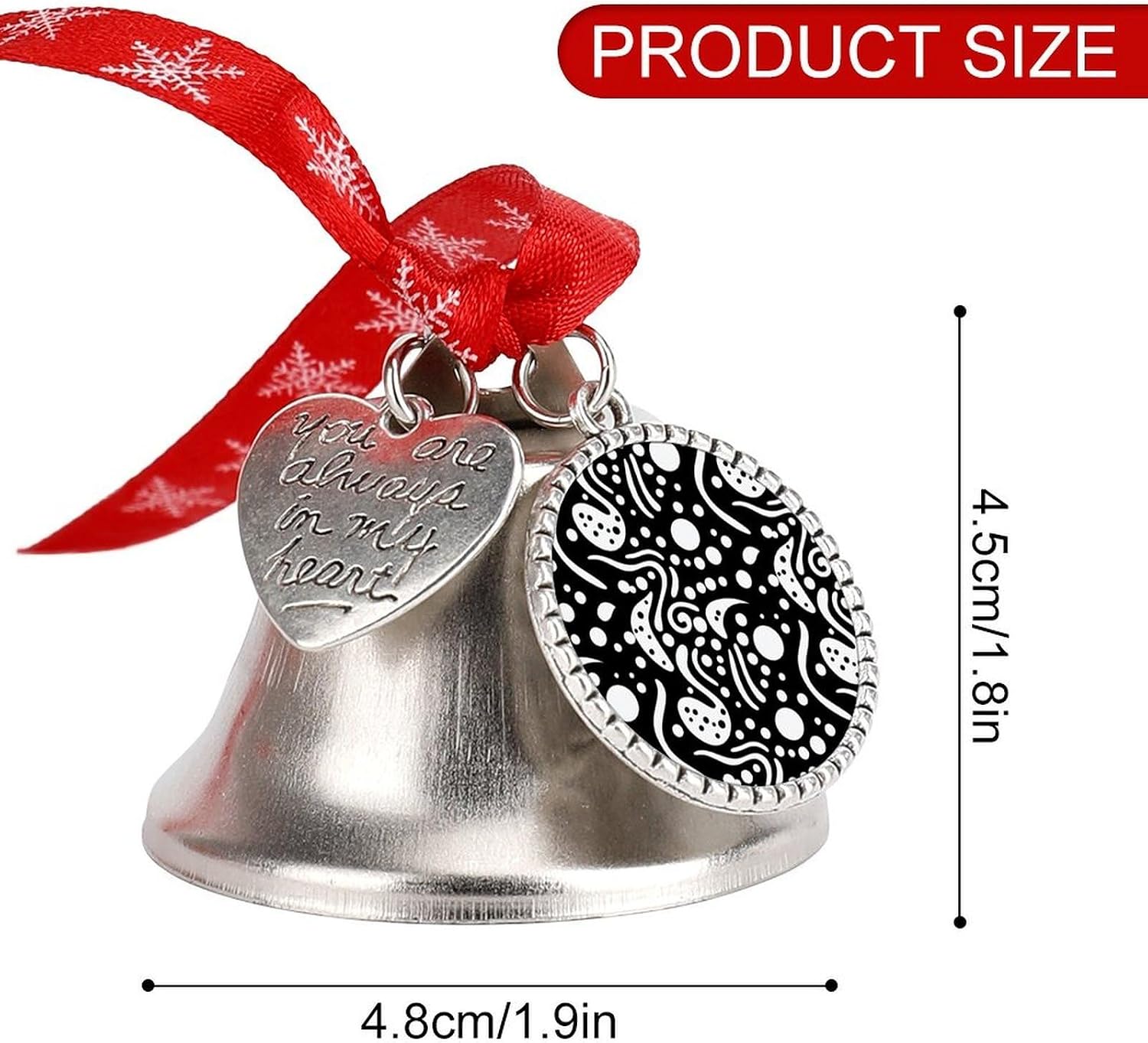 Black and White Pattern with White Circles Christmas Bells Ornaments with Wings & Heart Silver Bell Pendant for Christmas Tree Home Door Mantle Fireplace Decoration