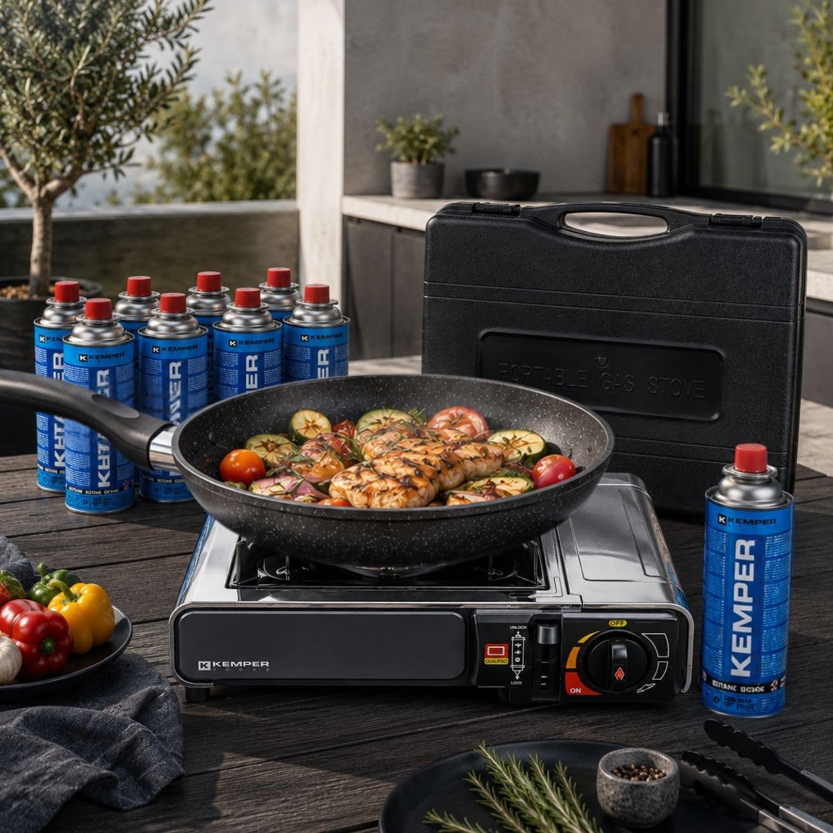 KEMPER - Réchaud à gaz INOX 2200W + 12 Cartouches gaz Allumage piezo Sécurité Insert gaz