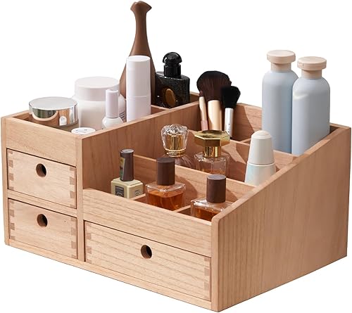 KIRIGEN Organizador de maquillaje de madera con gabinete de almacenamiento, organizador de cosméticos de mesa, caja de almacenamiento de joyas,