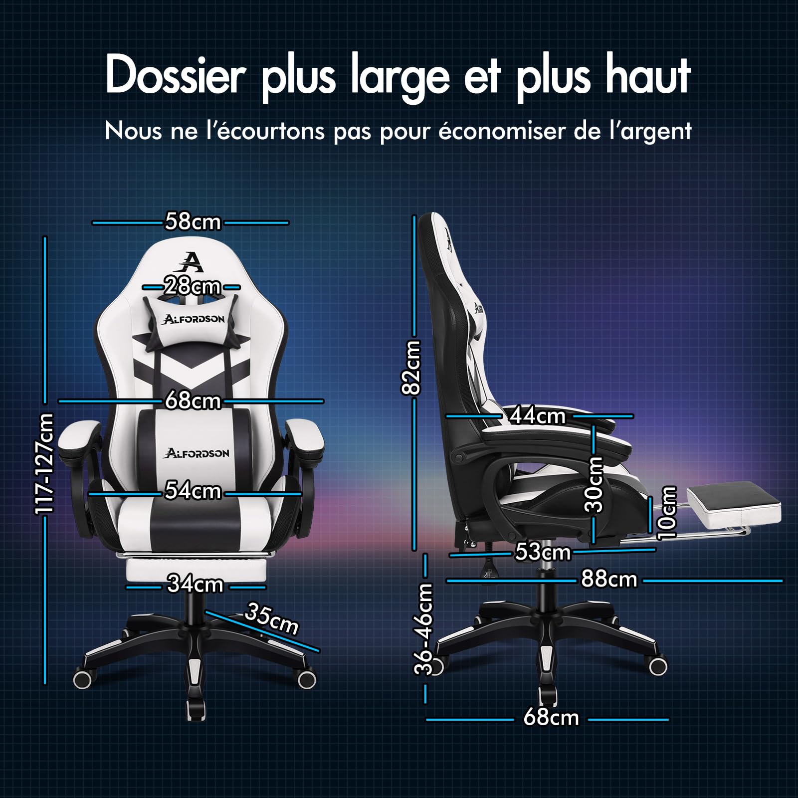 ALFORDSON Chaise de jeu LED Racing avec éclairage RVB 12 couleurs, chaise de massage avec support lombaire et repose-pieds, en polyuréthane, blanc