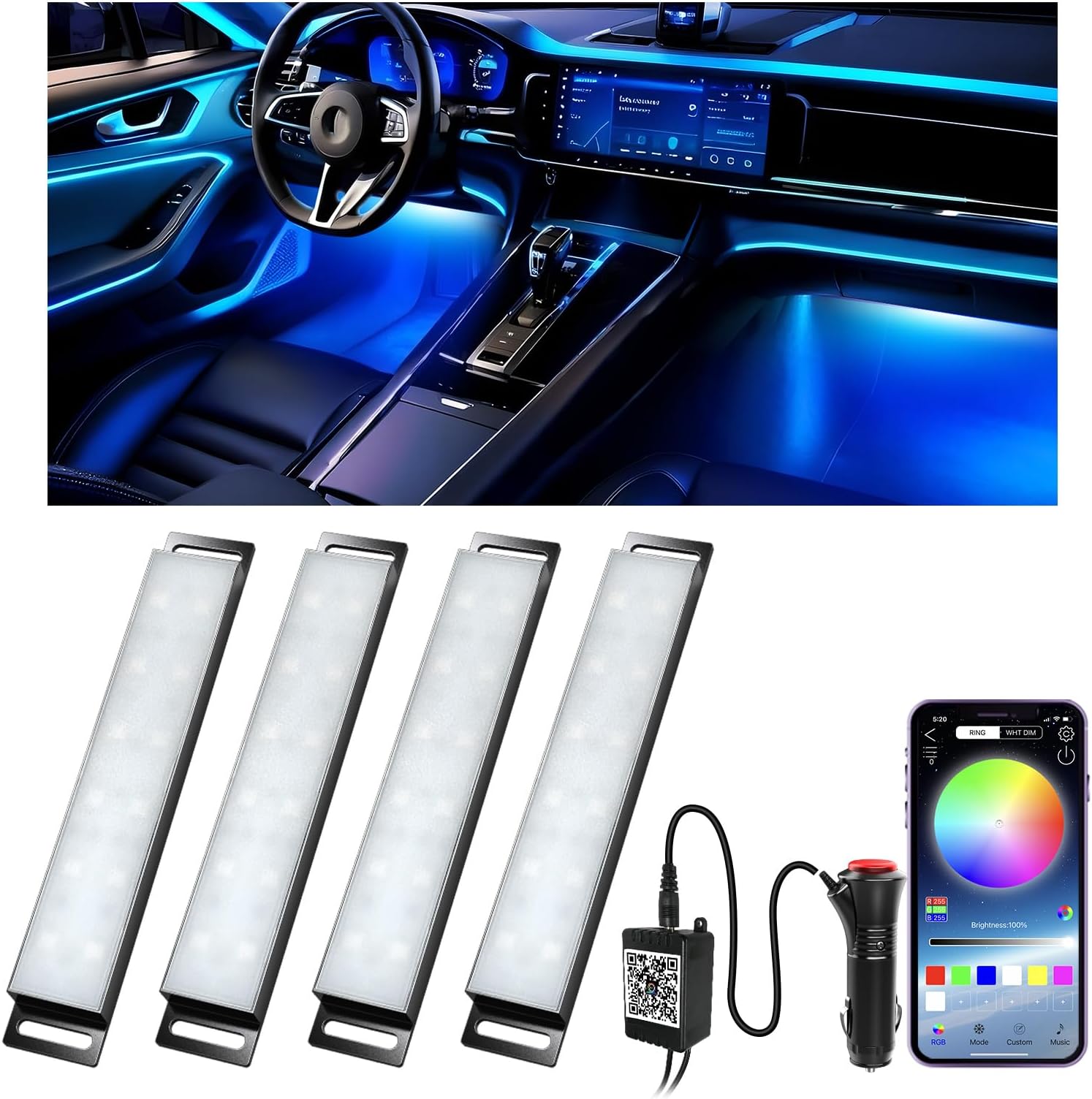Honalia - Smart Interior Light for Car SUV Truck with APP Control, Multicolor LED Light Bar Dancing with Music, 12V DC, Universal Fit, 1 Piece