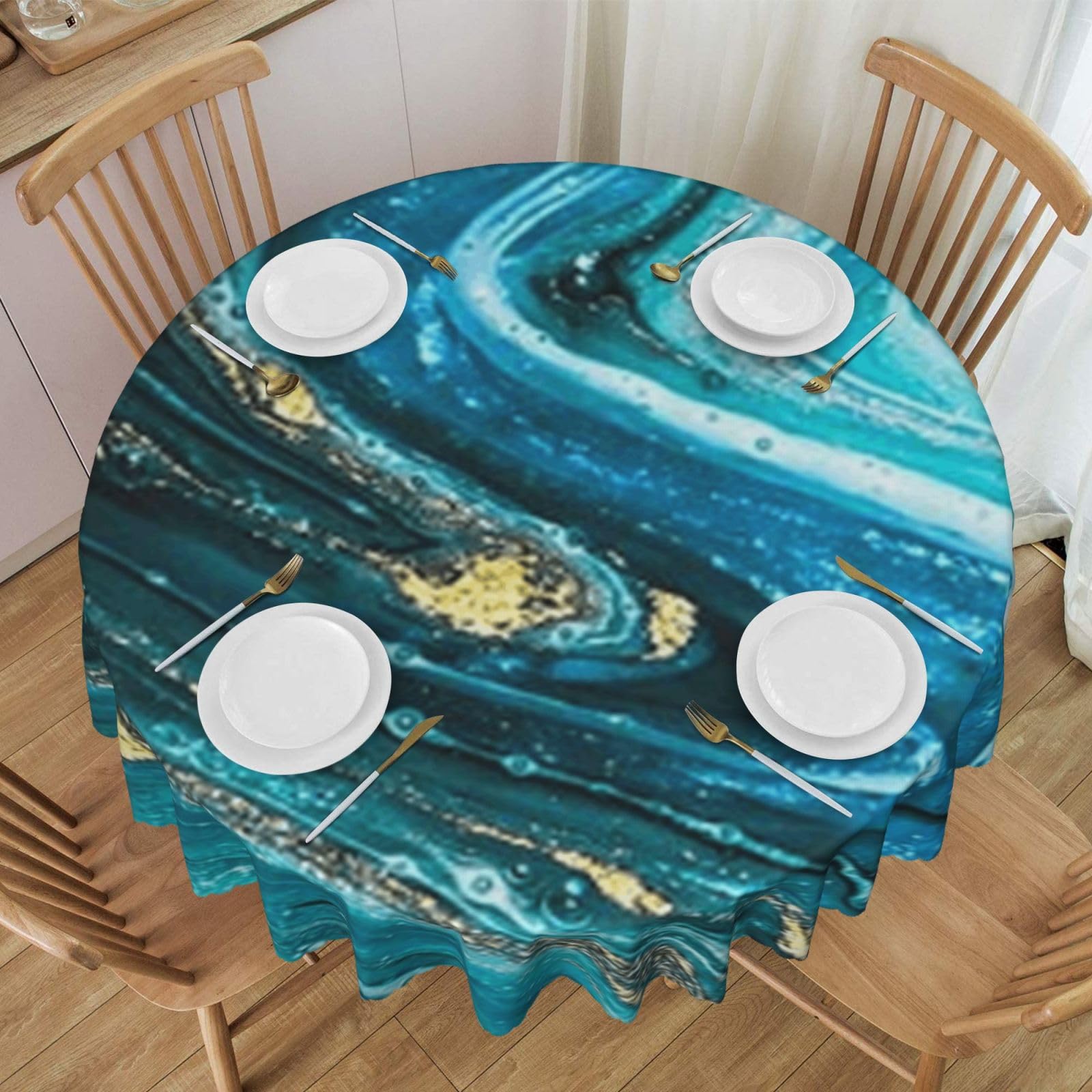 DCEHGEW 60 In Round Tablecloth with Lace, Turquoise Blue Gold Marble Printed Oilproof & Washable Fabric Picnic Table Cloth Table Covers