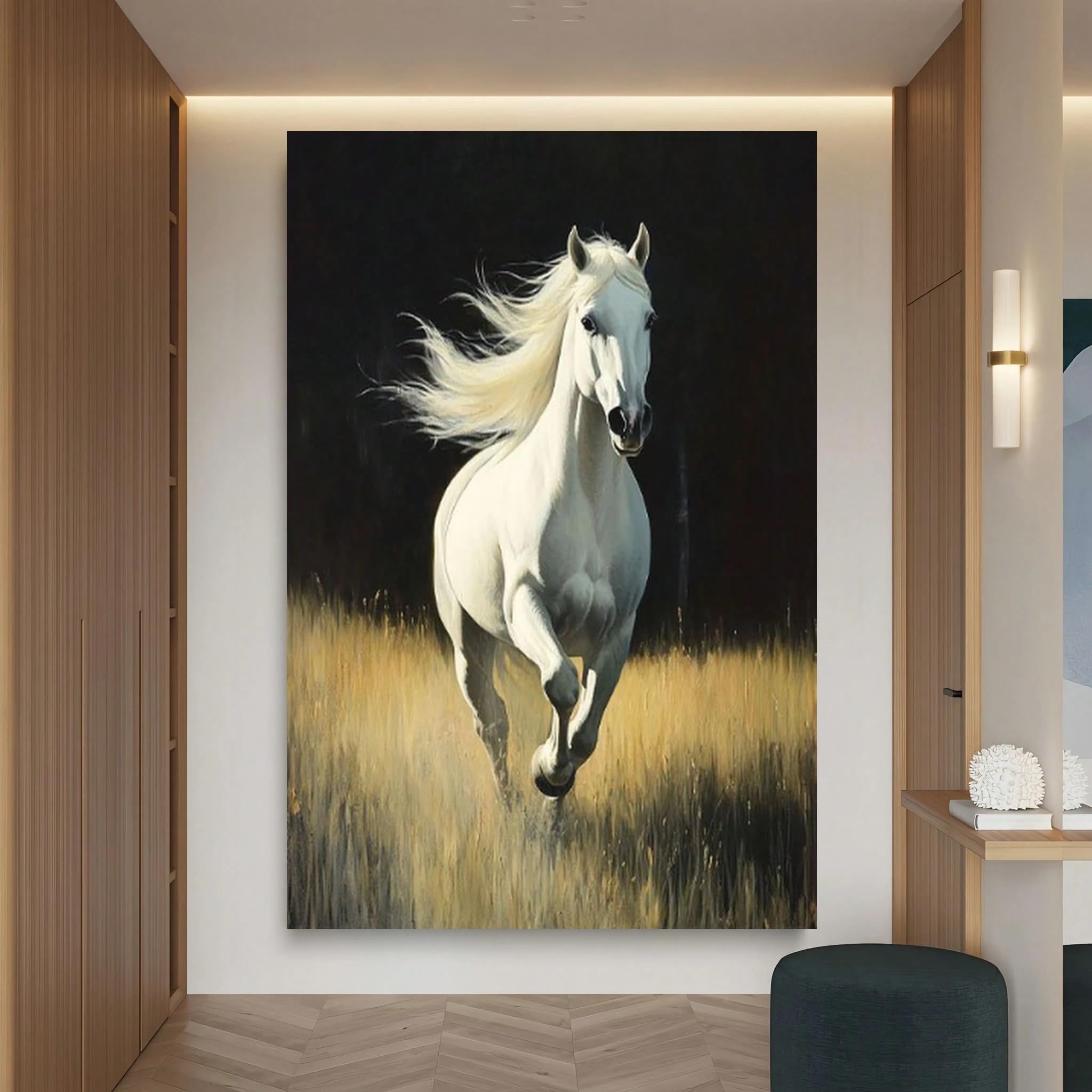 VCBNUGH Stampa su tela raffigurante uno stallone equestre, cavallo su erba dorata, decorazione murale con animali selvatici su sfondo nero (50x70 cm/con cornice)
