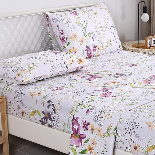 Miniatura 3 de URBONUR Juego de sábanas de flores de jardín 4 piezas de algodón egipcio ropa de cama lujosa juego de sábanas suaves sedosas crujientes de percal