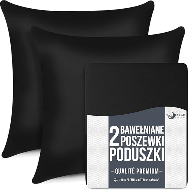 Dreamzie Zestaw 2 poszewek na poduszki 40 x 40 cm, czarne, bawełna, 100% bawełna, dżersej, na podwójne łóżko, odporne i hipoalergiczne