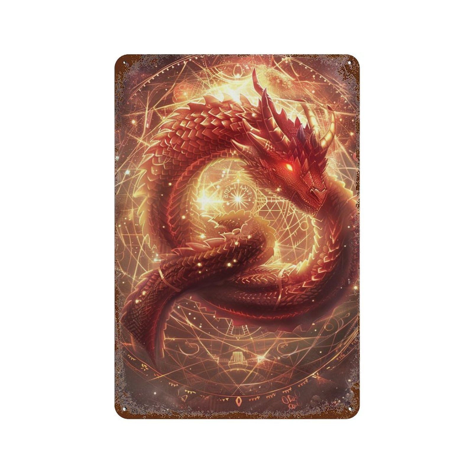 Rust Effect Magical Fire Dragon Artwork Retro Metal Sign 11.8"x7.9", Novelty Wall Decor for Bistro, Counter And Cafe Decor