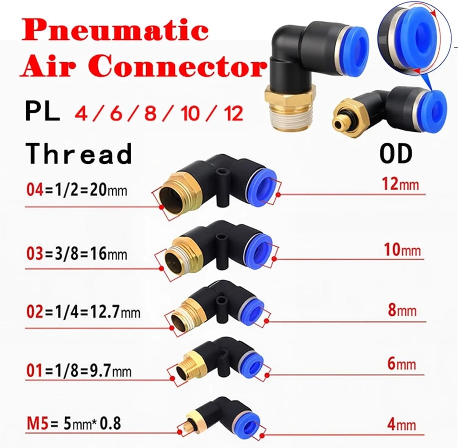 20/50/100PCS Quick Push In 2 Way Connector 4-12mm Male Pneumatic Thread Elbow Joint Hose 1/8" 1/4" Air Fittings Universal(PL12-02,100 PCS)