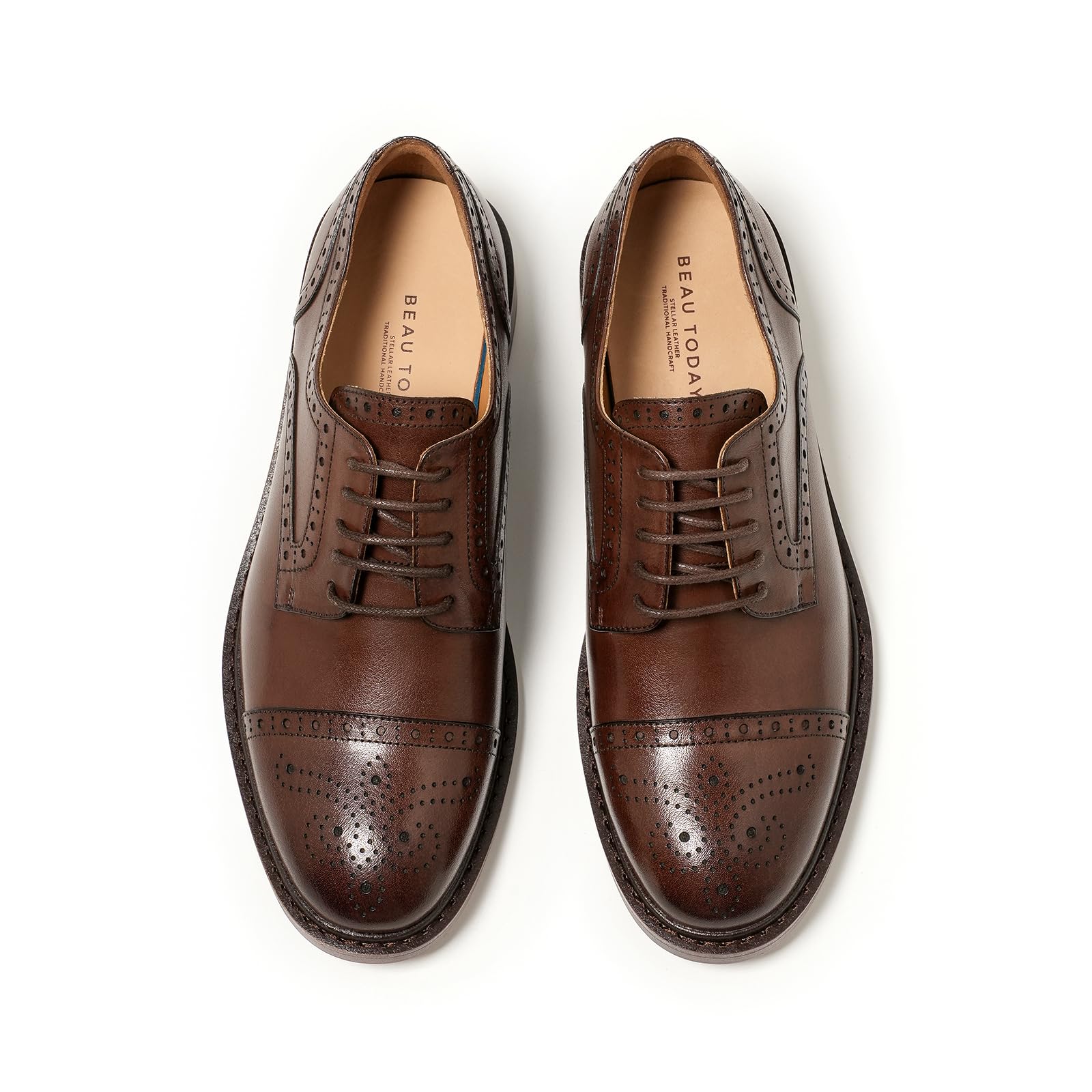 BEAU TODAY Womens Oxfords Perforated Brogue Cap Toe Dress Shoes Classic Leather Lace up Oxfords for Women Comfortable