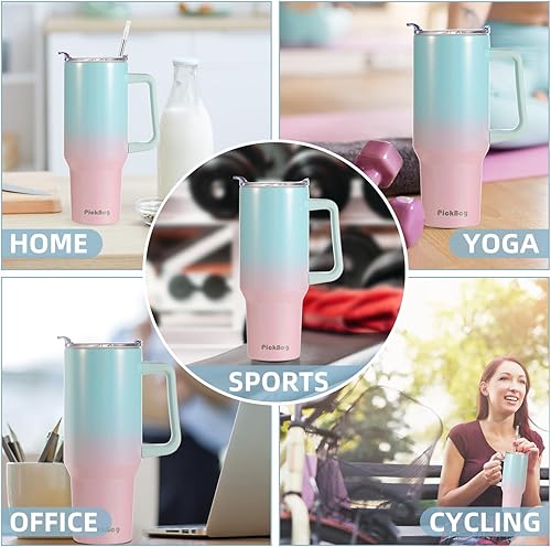 Miniatura 7 de Vaso de 40 onzas con asa y tapa con pajilla, reutilizable de acero inoxidable, aislado para café, viaje, botella de agua térmica 100% a prueba de