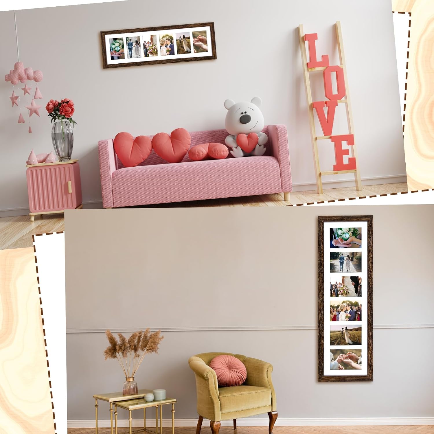Chunful 2 Pcs 28.4 x 9.5 Inch Collage Picture Frames for Wall Hanging Long Multiple 4 x 6 Inch 6 Opening Multi Wood Multi Picture Photo Frame Display with Acrylic Screens Horizontal and Vertical