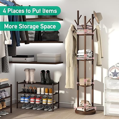 Miniatura 10 de kiplant Perchero independiente, perchero giratorio con 8 ganchos, árbol de madera de bambú para ropa, bolsas, sombreros, perchero resistente para el