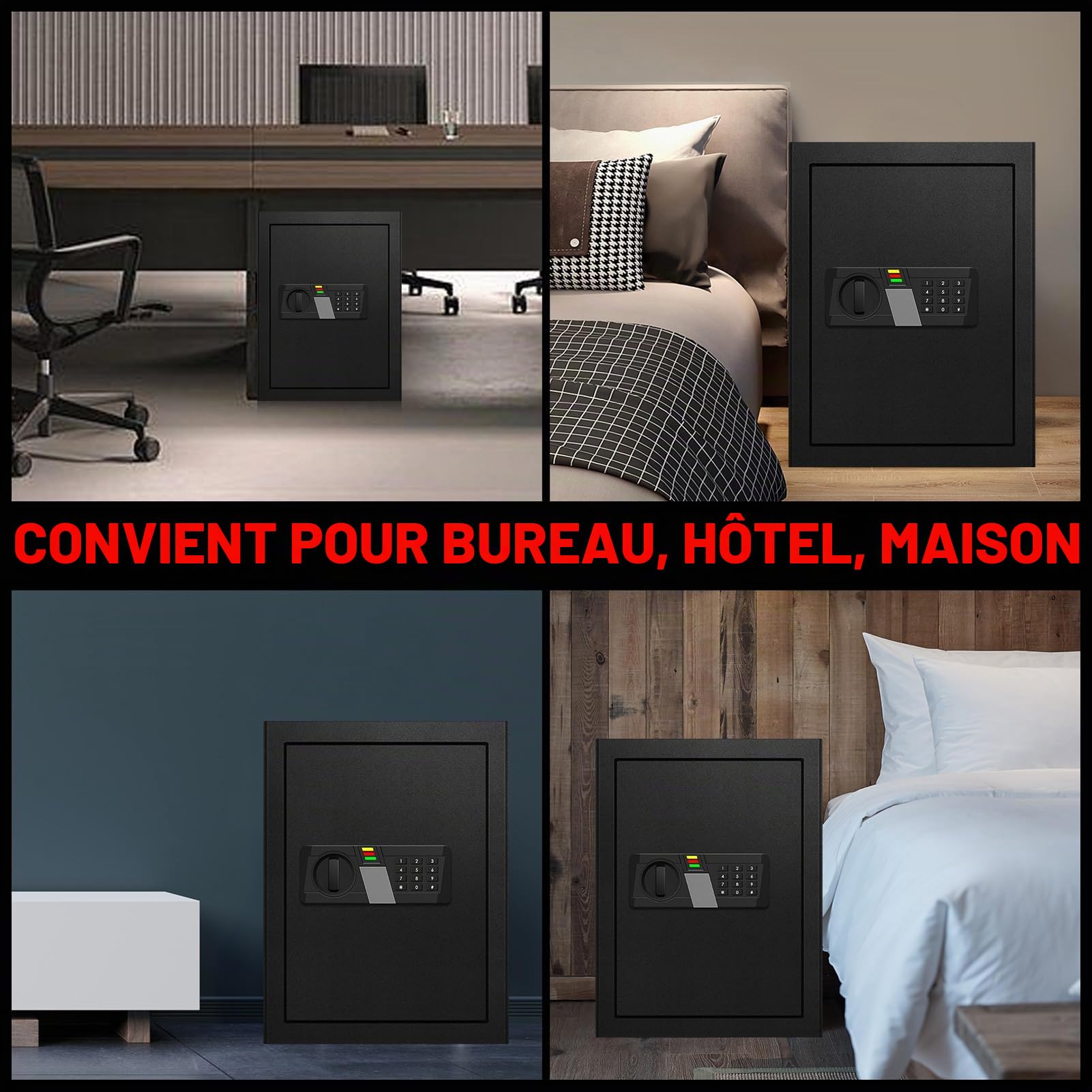 Coffre-fort de sécurité en acier de grande taille avec éclairage LED et clavier numérique, boîte de sécurité pour la maison de 60L avec sac ignifuge, coffre-fort sécurisé pour argent, bijoux