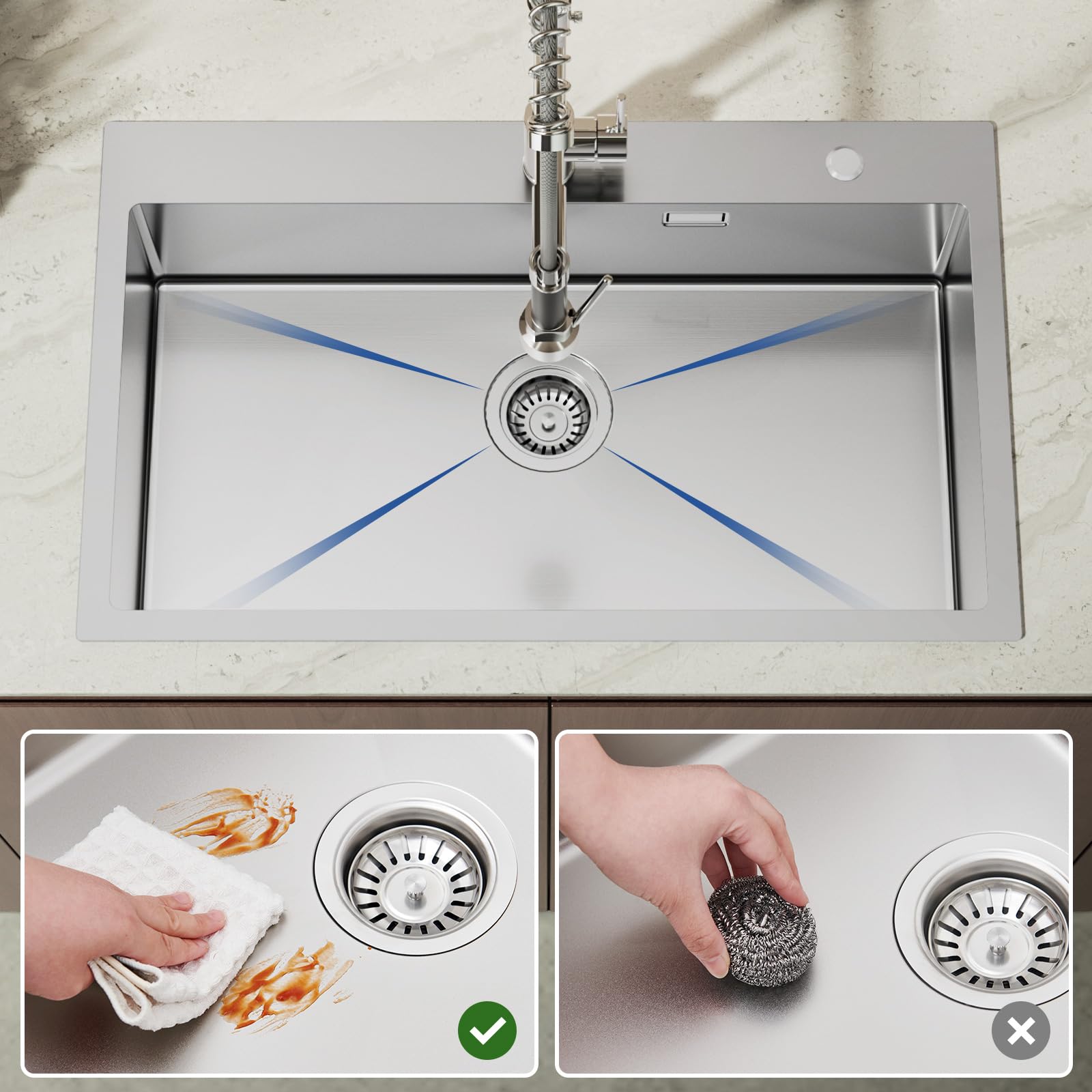 Auralum Lavandino Cucina 75 x 45 cm, Lavello Cucina 1 Vasca con Gocciolatoio, Lavabo Cucina Acciaio Inox da Appoggio con Troppopieno, Sifone e Set di Drenaggio