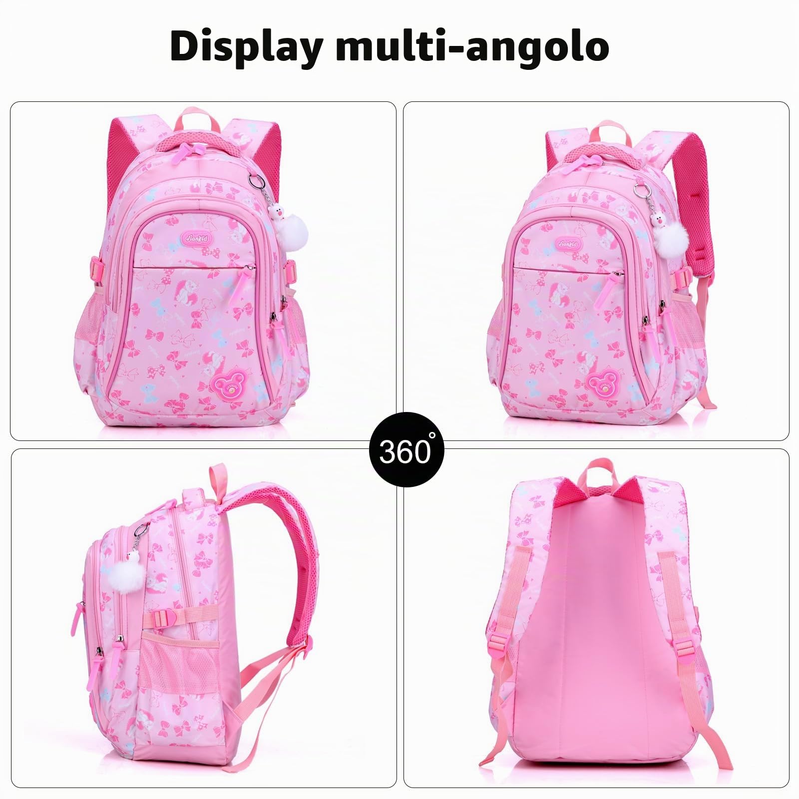 FANDARE Zaino per bambini Zaino Scuola Ragazze Elementare Adolescente Zainetto Daypacks per laptop - per Scuola Lavoro Escursioni Viaggi Impermeabile Nylon Rosa