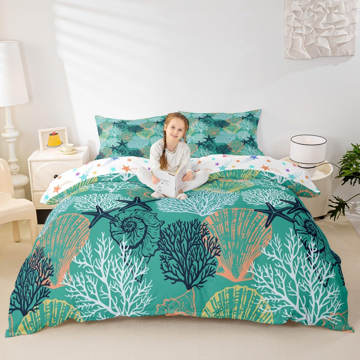 Housse de couette hawaïenne bleu mer parure lit été enfants conque