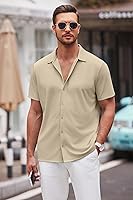 Vista 5 de COOFANDY Camisa casual con botones para hombre, manga corta, sin arrugas, camisa de verano