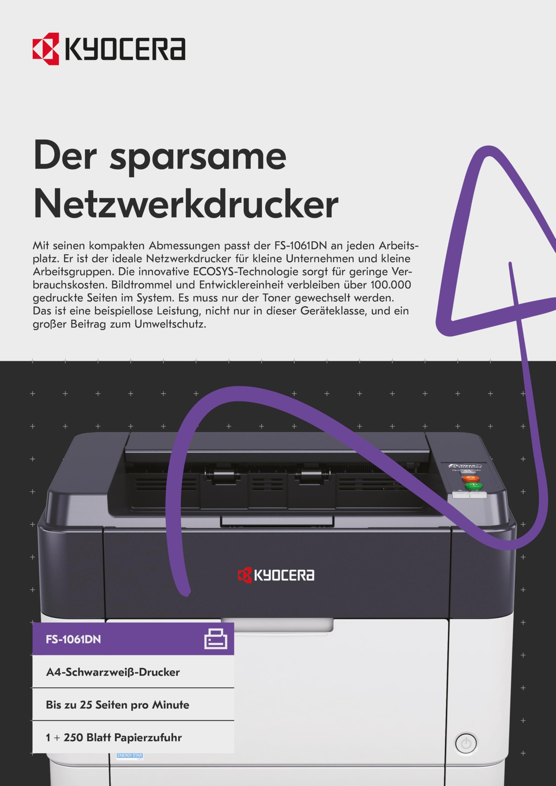Kyocera Klimaschutz-System Ecosys FS-1061DN Monochrome-Laserdrucker. 25 Seiten A4 pro Minute. Schwarz-Weiß Drucker. USB 2.0, 1.200 dpi, Duplex, 4105009, mit Netzwerkschnittstelle und Duplexfunktion
