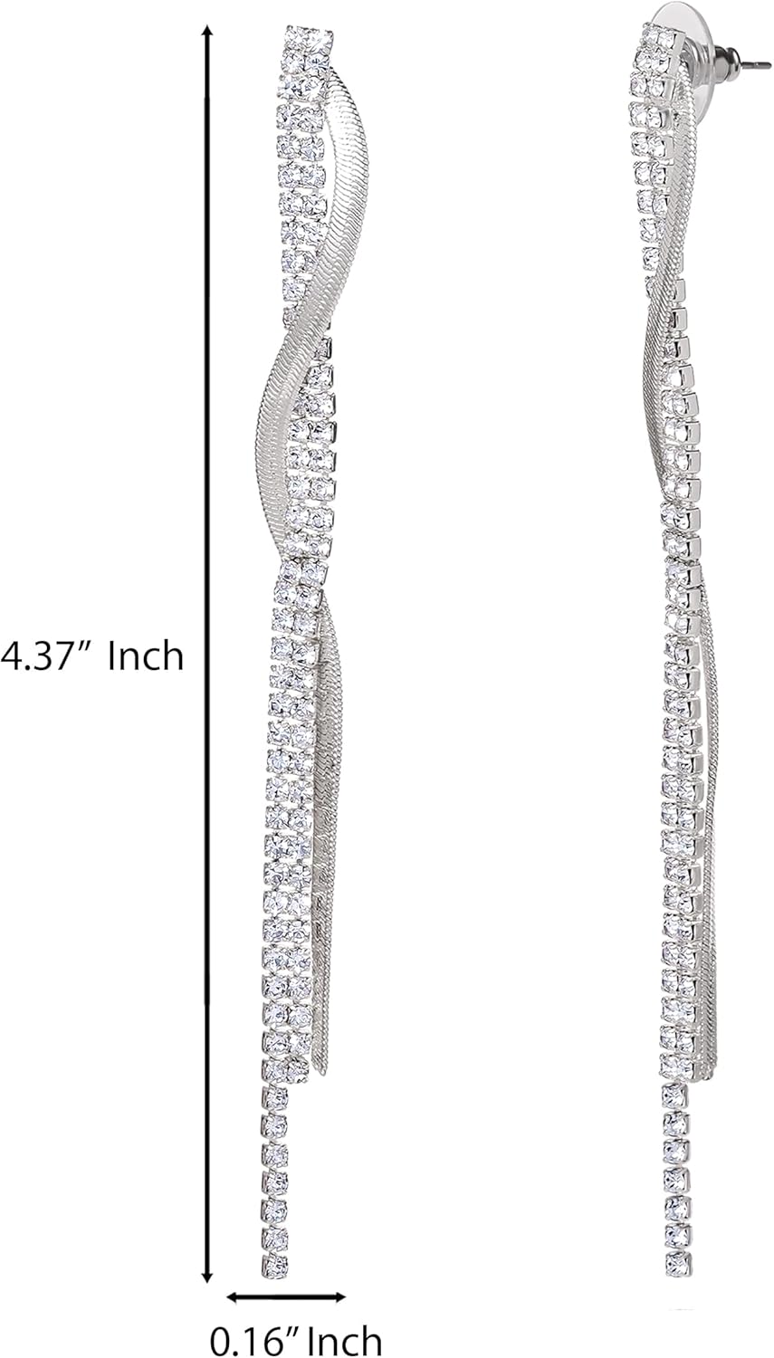 Jessica Simpson Long Silver Rhinestone Tassel Earrings for Women – Twisted Chain Fringe Dangle Earrings – Elegant Statement Jewelry - Image 4