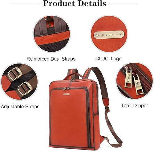 Miniatura 6 de CLUCI Mochila para computadora portátil de cuero genuino para mujer, 15.6 pulgadas, bolsa de viaje vintage, bolsa de negocios, 1-6 Rojo-marrón,
