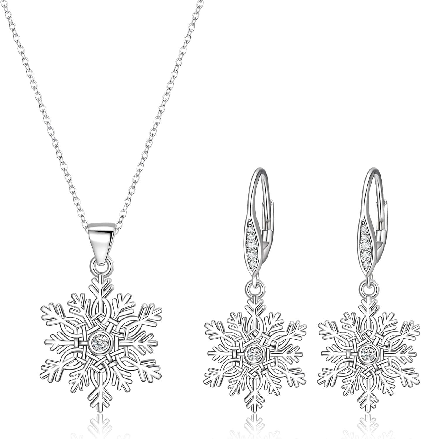 Crysdue Sparkle Cubic Zirconia Snowflake Pendant Necklace Leverback Dangle Earrings Christmas Jewelry Set Gift for Women