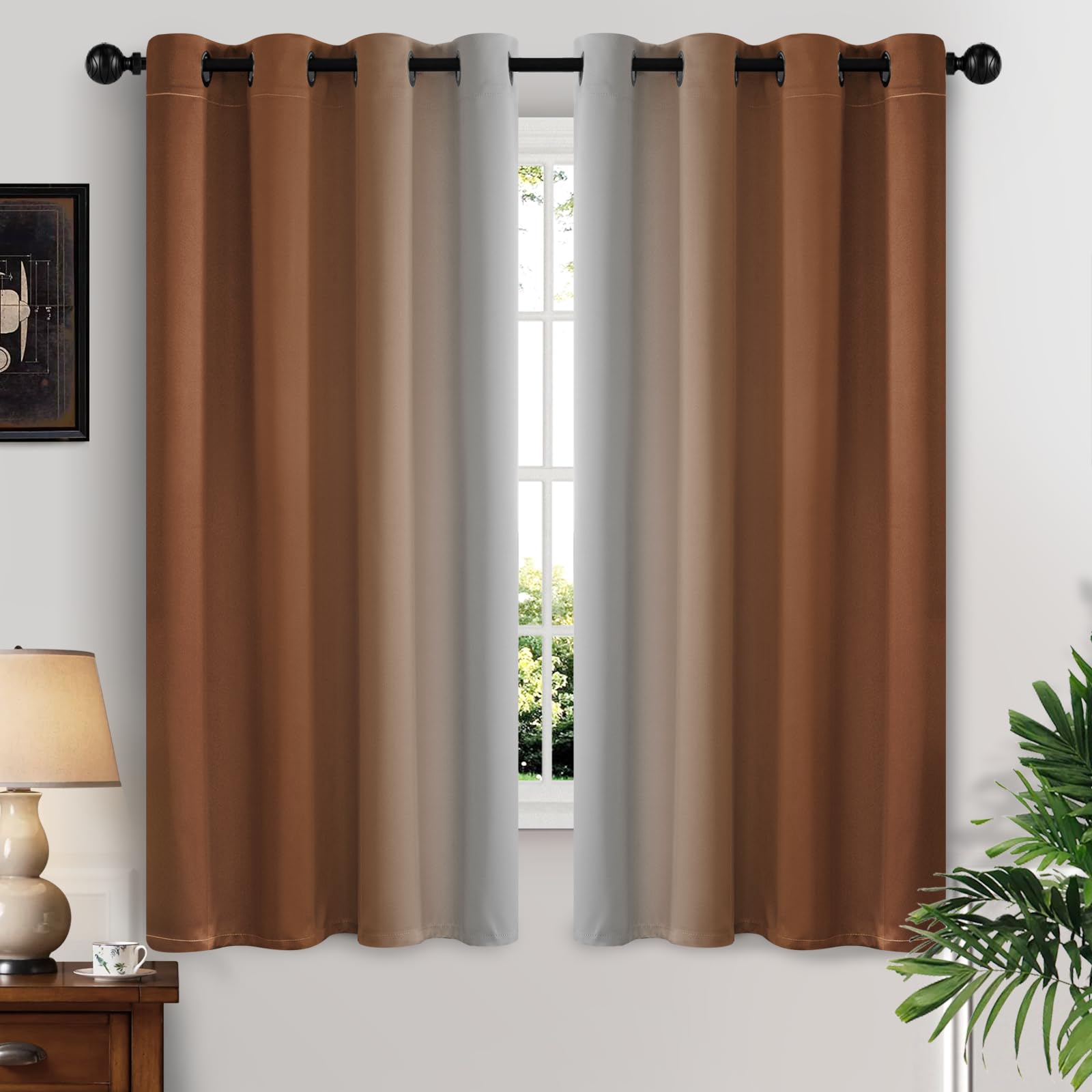 Yakamok Greyish White and Burnt Orange Ombre Curtains,Light Blocking Curtains,Room Darkening Grommet Window Drapes for Bedroom(Burnt Orange,52x63 Inch,2 Panels) โ image 1