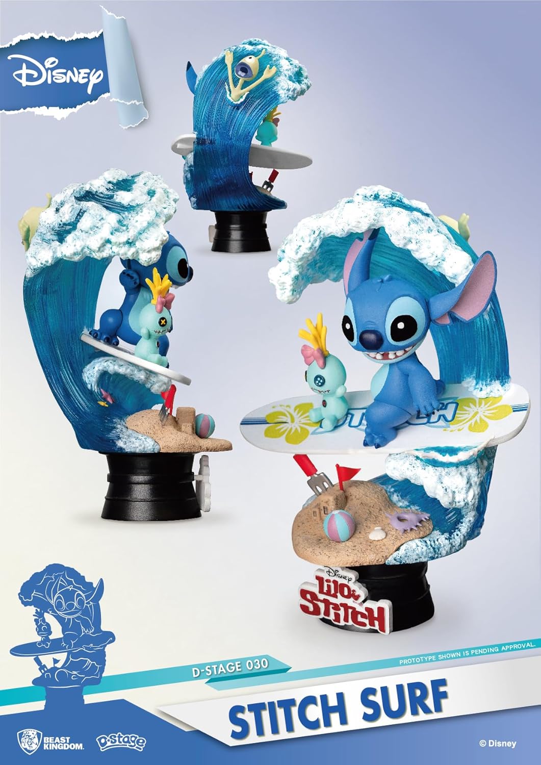 Beast Kingdom Lilo & Stitch Stitch Surfing DS-030 D-Stage Series Statue, close-up of Stitch