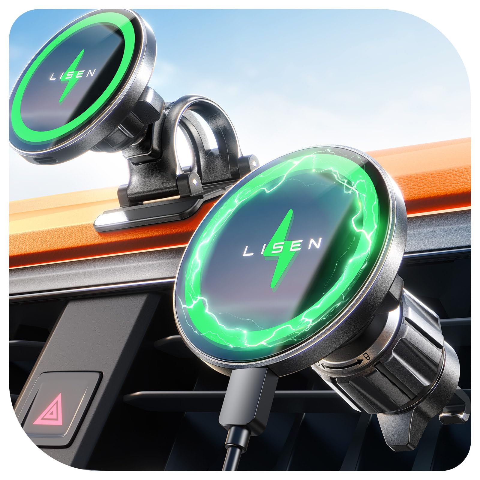 LISEN 15W Cargador Magsafe Coche Inalámbrico, [20X Imans Fuerte] Soporte Móvil Coche Magsafe para Ventilación & Salpicadero, Magsafe Accesorios Coche para iPhone 16e 16 Pro MAX 15 14 13 12