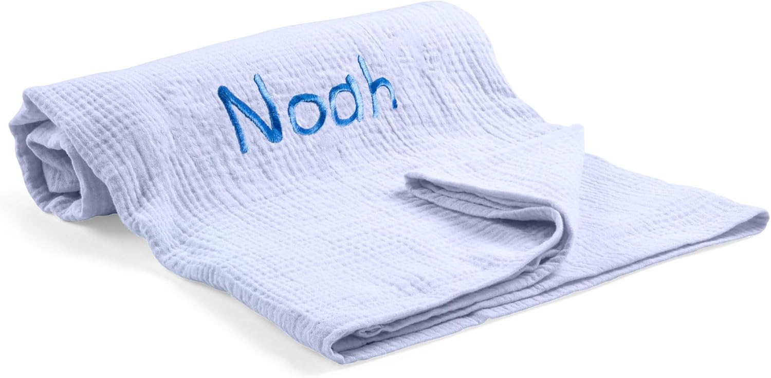 Berry Bebe Personalized Baby Swaddle Blanket, Custom Muslin Swaddle, All Year Round, Monogrammed Baby Blanket with Name (Blue)