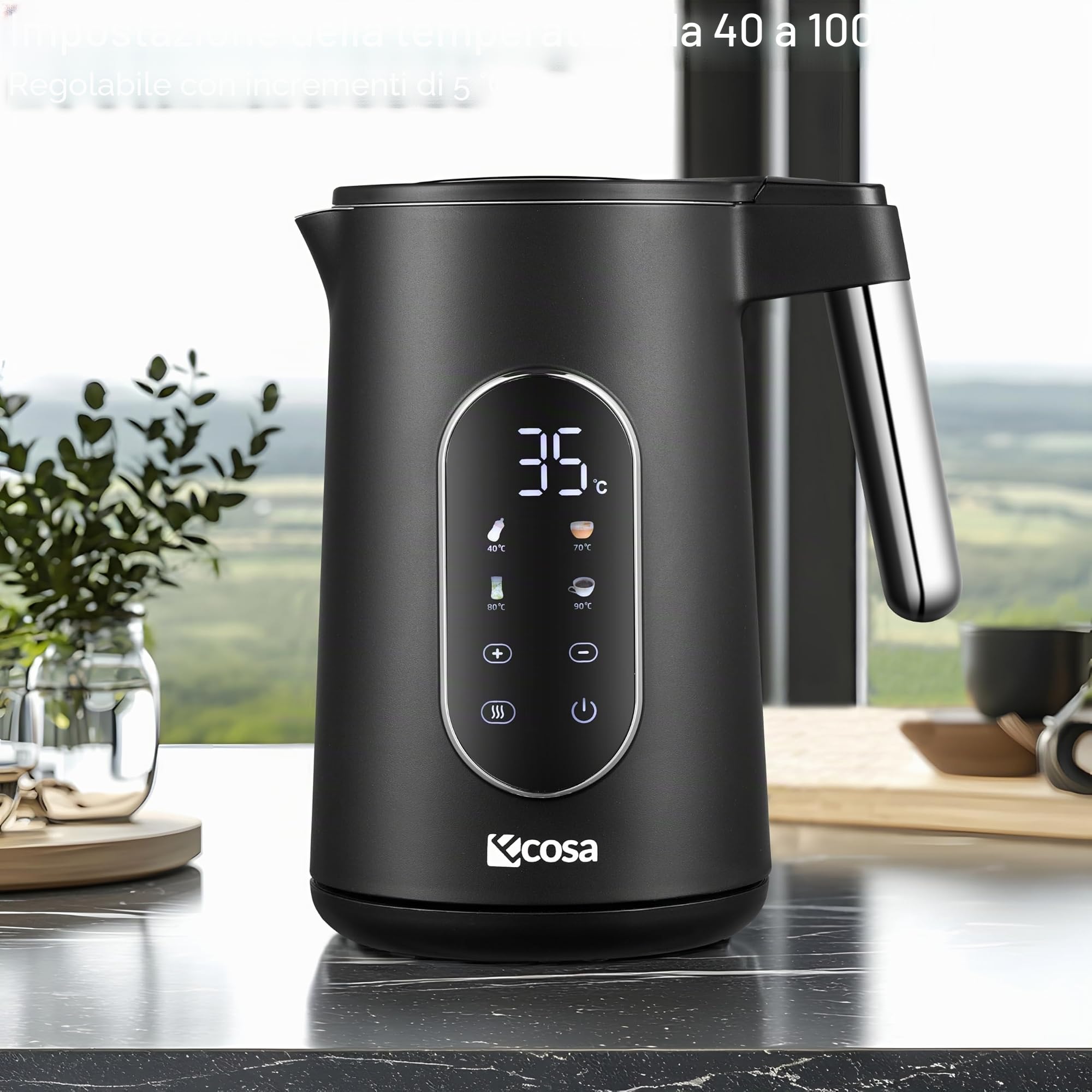 Bollitore in acciaio inox con regolazione della temperatura (40 °C a 100 °C), 1,7 litri, funzione di mantenimento del calore, display a LED a scelta della temperatura, 2200 Watt, 100% senza BPA,
