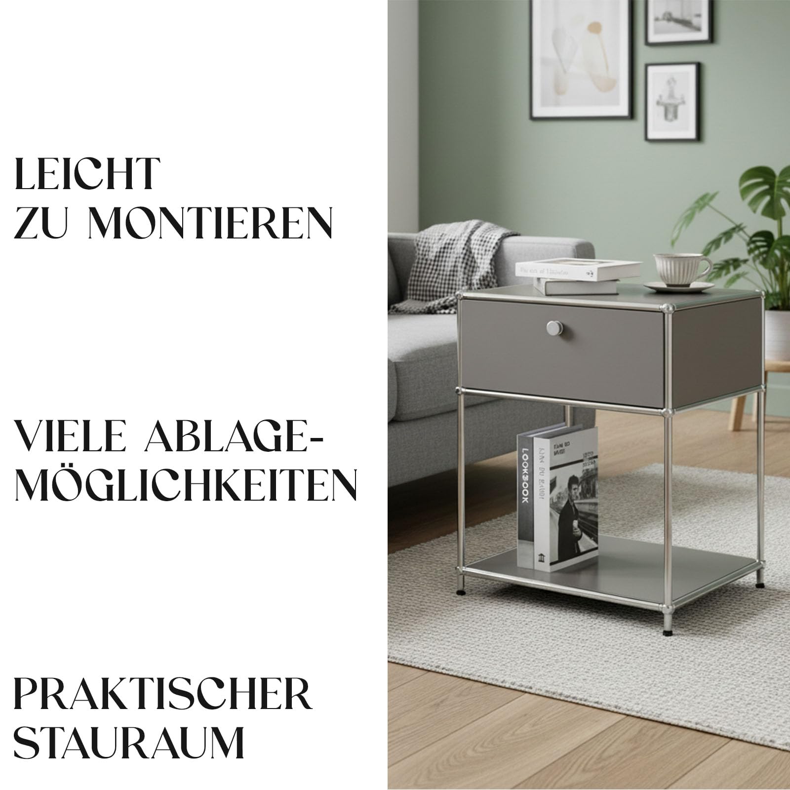 Floordirekt Estantería, estantería de metal, mesa auxiliar - Gris, cromo, 63Hx50Ax40P cm - Sistema modular de enchufes en diseño moderno, estantería de metal para sala de estar, oficina, pasillo