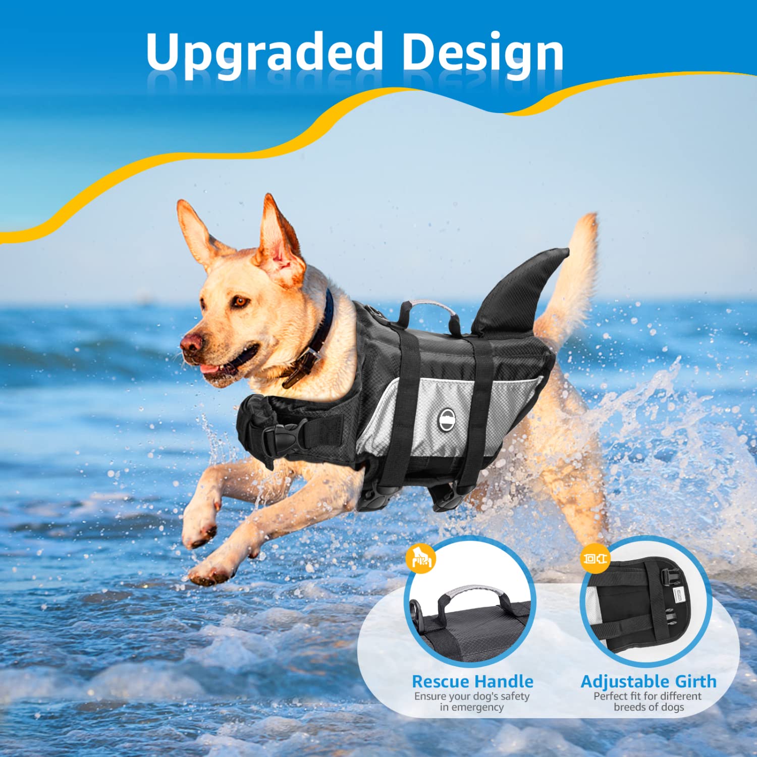 Nobleza - Chaleco Salvavidas para Perros con Aleta De TiburóN, Flotador Perro con Tiras Reflectantes, Chaleco de Natación para Perro con Asa y Alta Flotabilidad para Nadar, Surf, Navegar, Gris(L)