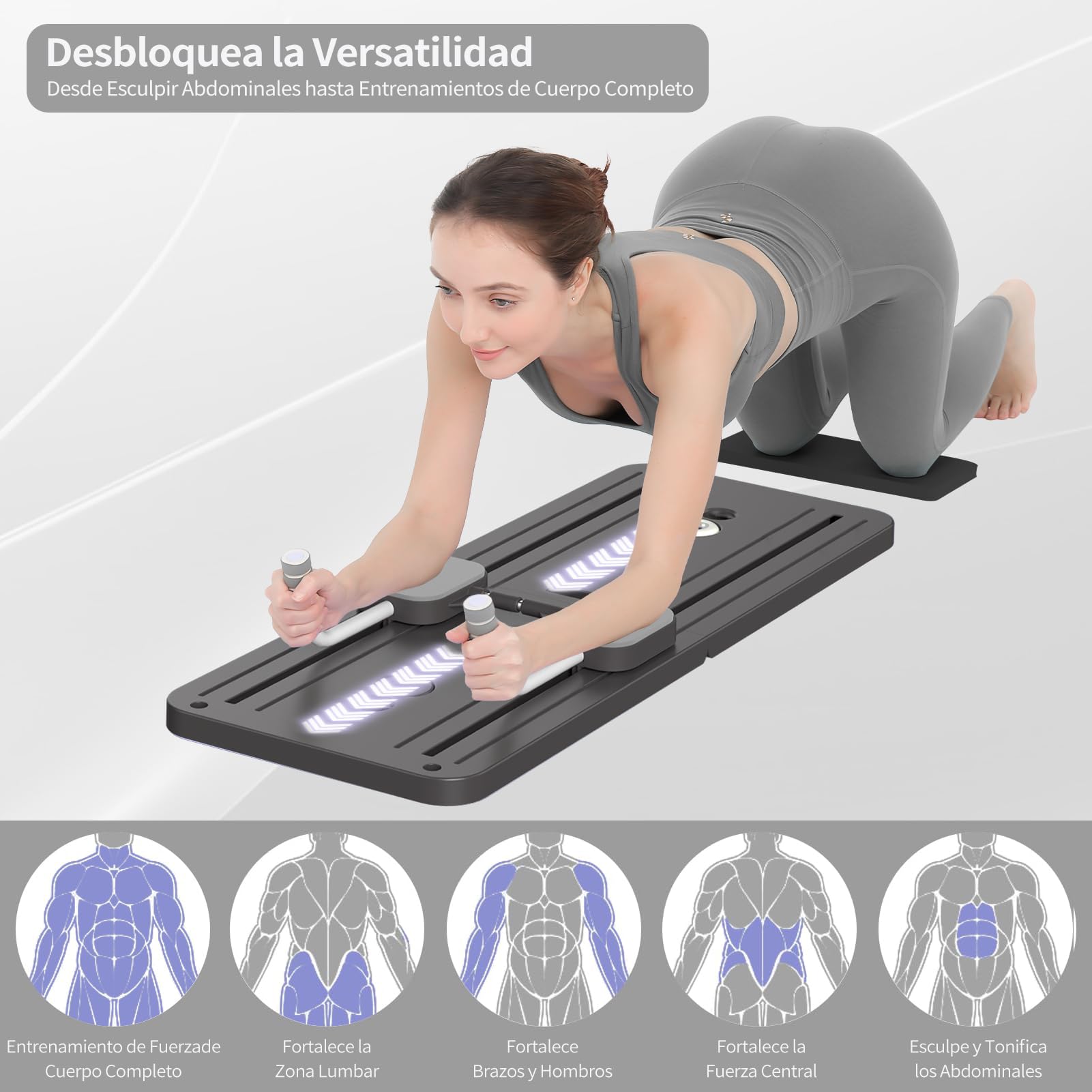 Pilates Reformer 4 en 1 Plegable, con Rodillo Abdominal de Rebote Automático y Contador, Tabla Multifuncional de Entrenamiento con Cuerda de Tensión para Gimnasio en Casa y Cuerpo Completo