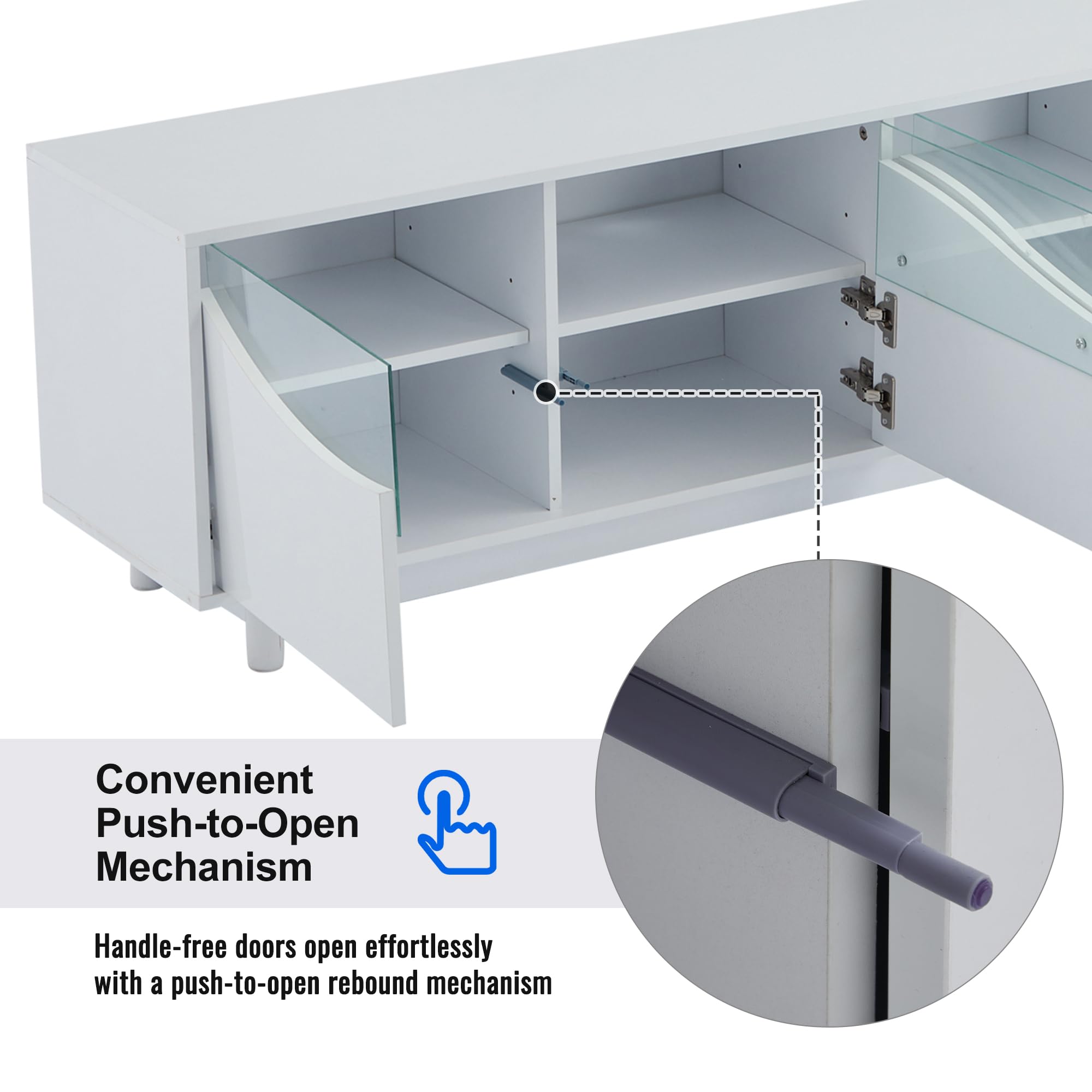 Mobile TV dal design curvo, porta dell'armadio in vetro temperato, illuminazione a LED, lucido, adatto come mobili da intrattenimento, camera da letto, soggiorno, bianco, 175 x 38 x 51 cm
