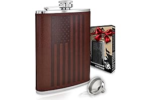 American Flag Leather Hip Flask For Men, Bonus Funnel & Box