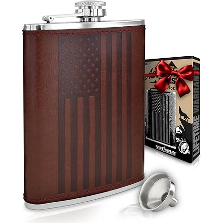 American Flag Leather Hip Flask For Men, Bonus Funnel & Box