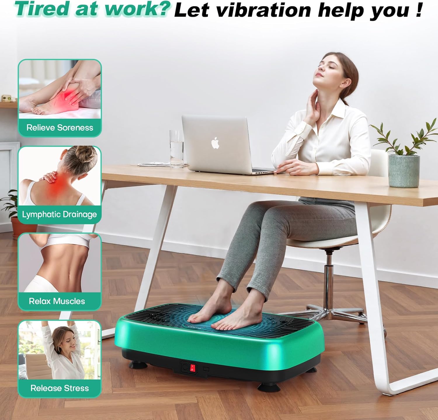 Woman using EvoSpark Vibration Plate while seated at a desk