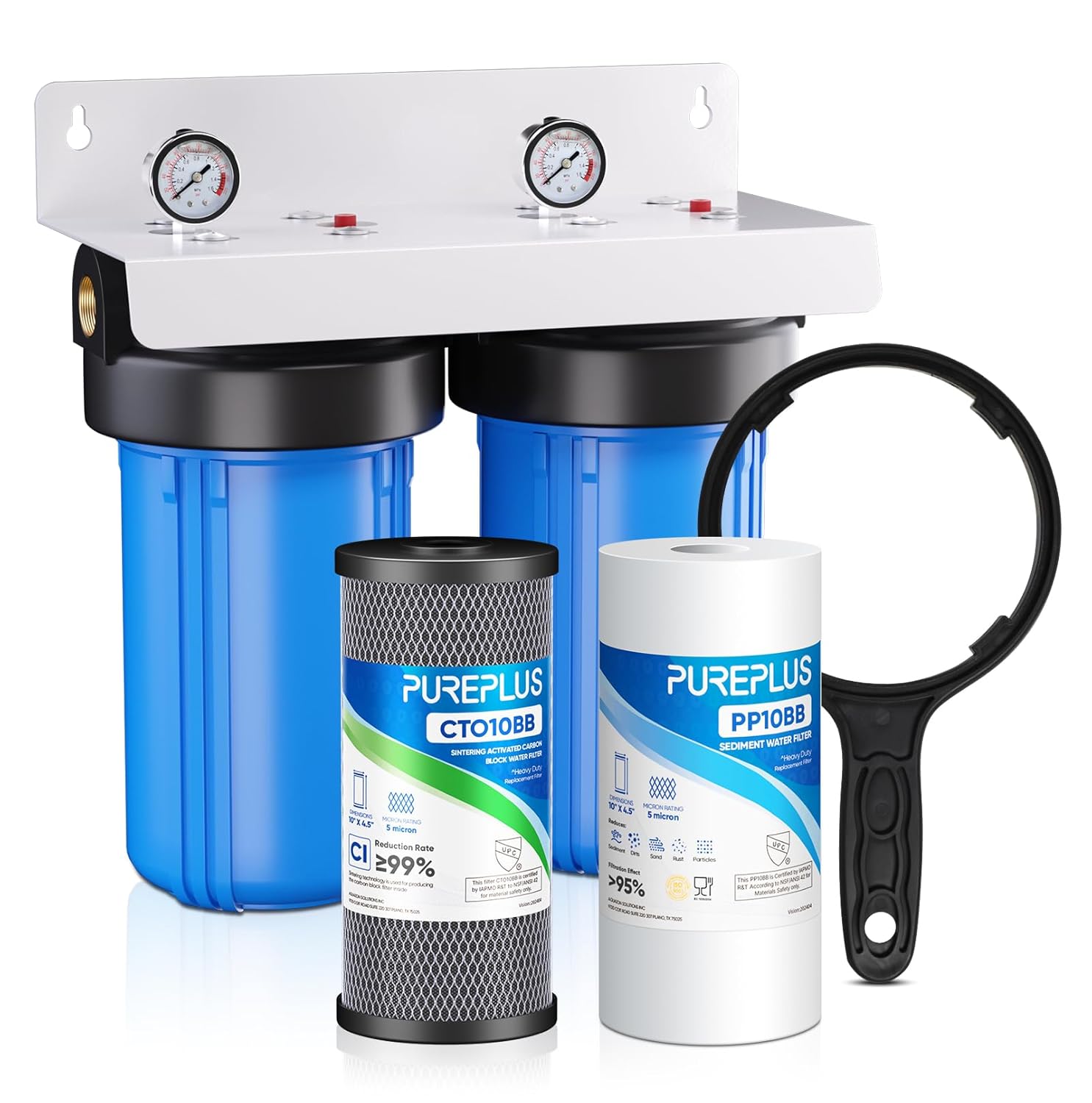 PUREPLUS 2-Stage Whole House Water Filtration System, 10"x4.5" Universal Home Filtration, with Sediment, Carbon Block Filter, Reduce Chlorine, Taste, Odor, Includes Pressure Gauges, 1" Inlet/Outlet 2 Stages for Tap Water Blue