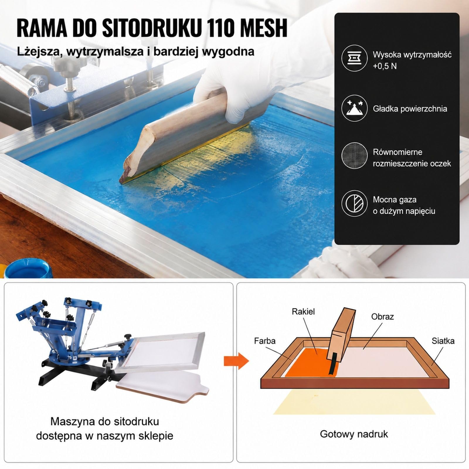 Zestaw sitodrukowy, 6 aluminiowych ram z siatką poliestrową i taśmą uszczelniającą na projekty T-shirt DIY