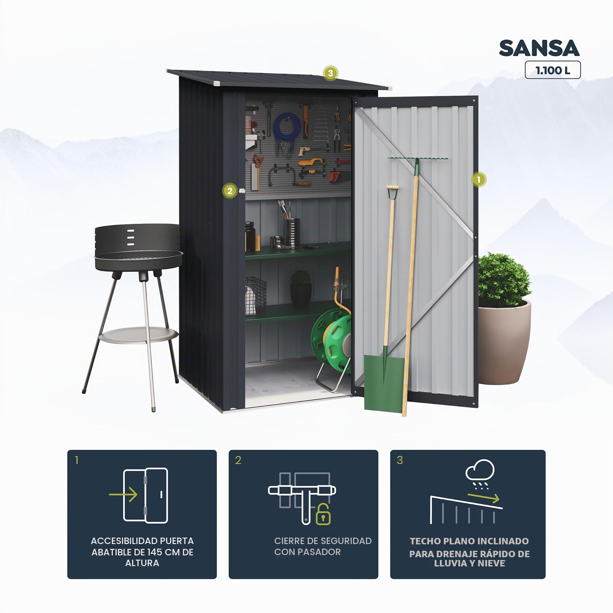Hoggar - Cobertizo Jardín Exterior 1100 L Stark - 104x99x160 cm - Puerta con bisagra - Cierre con Pasador - Armario metálico - Caseta almacenaje - Gris Antracita