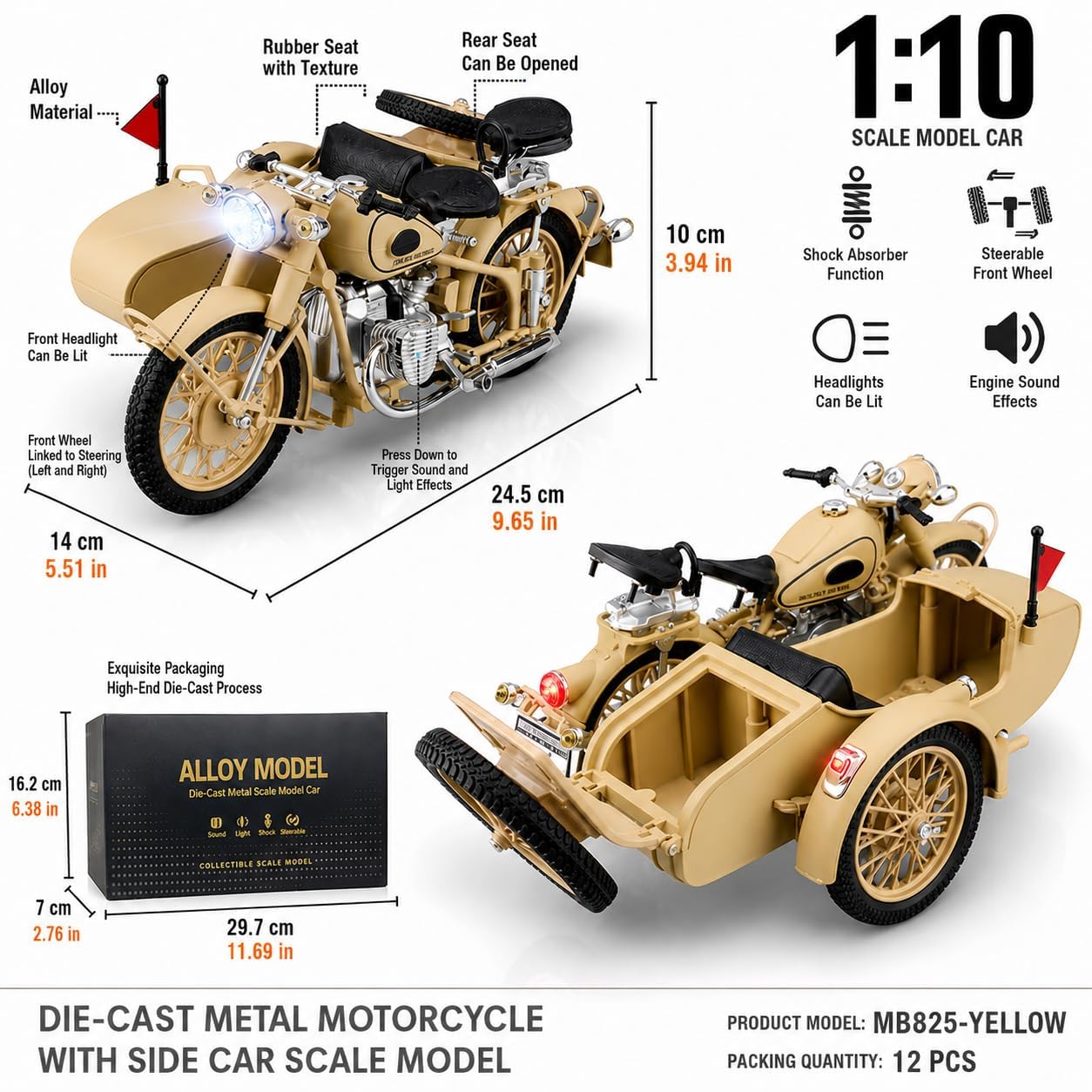 Toyjwinz Vintage Motorcycle Toy with Sidecar, Retro Army-Style
